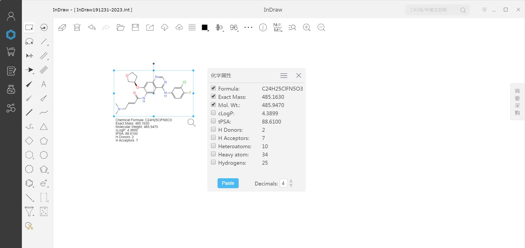 InDraw supports calculation of molecular weight, cLogP, tPSA InDraw supports calculation of molecular weight, cLogP, tPSA