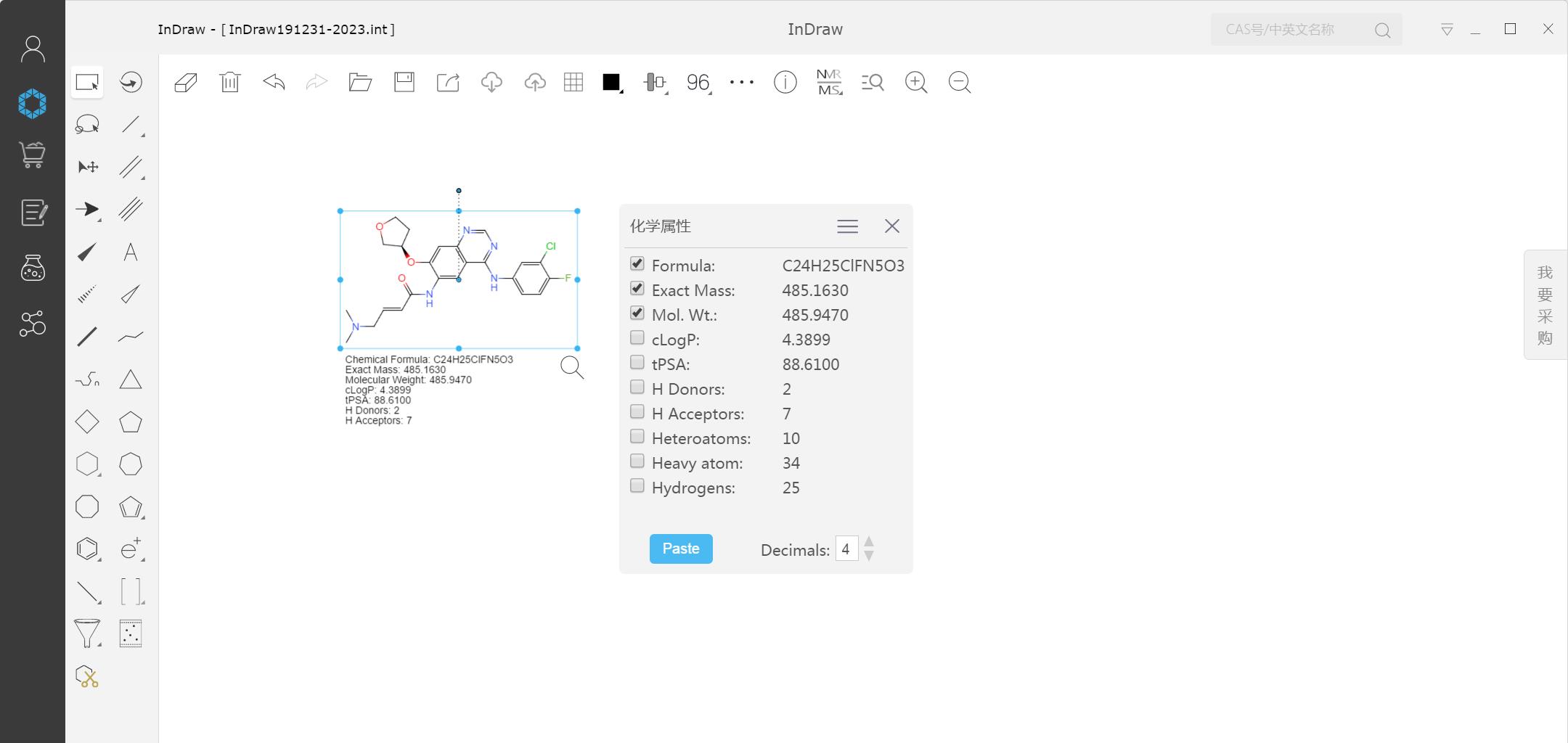 InDraw supports calculation of molecular weight, cLogP, tPSA