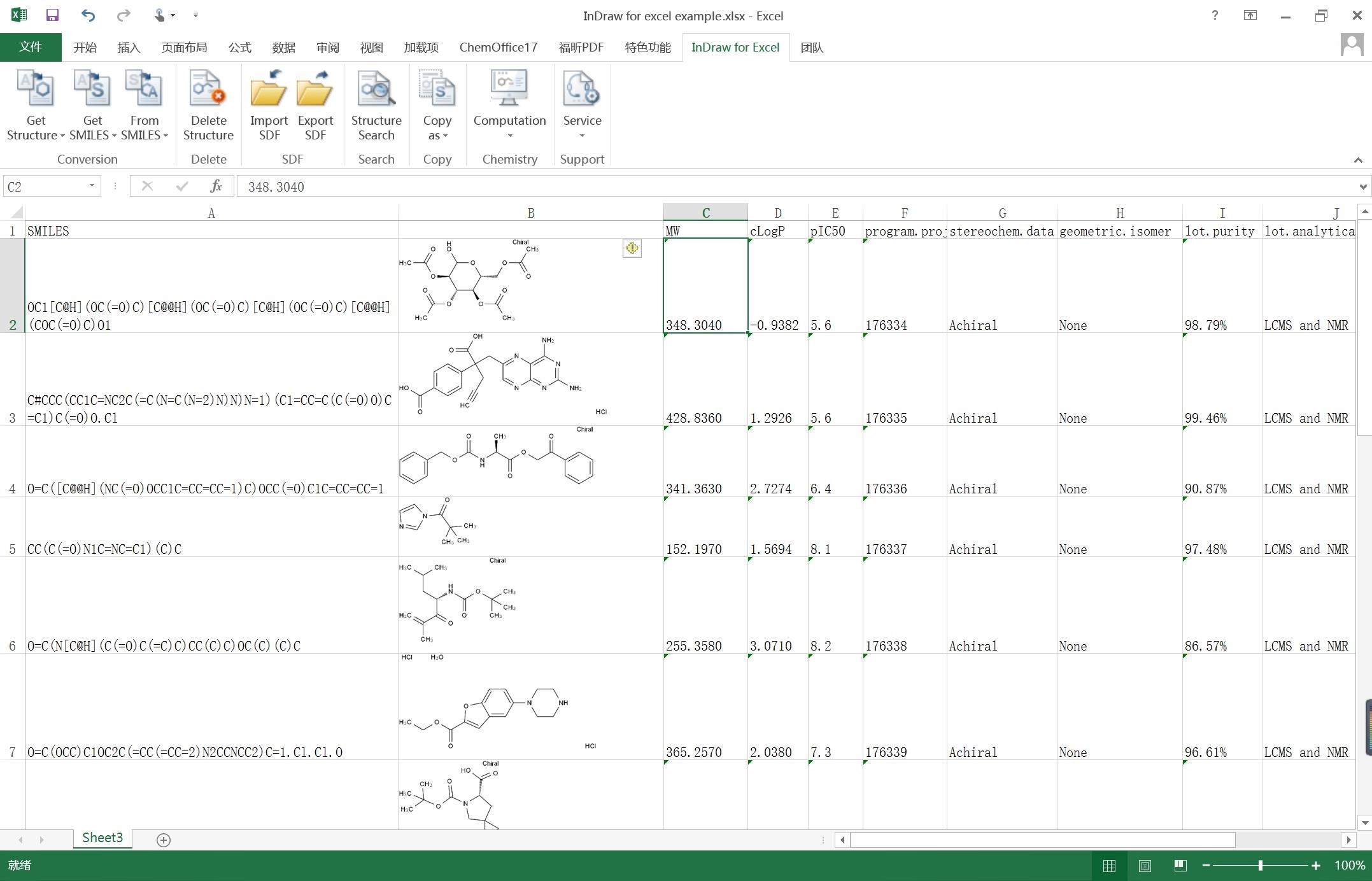 InDraw for excel-display structure in batch-import sdf file